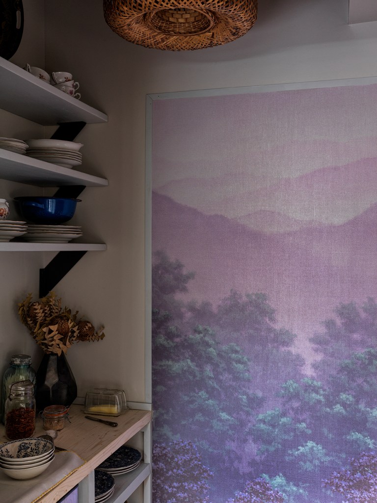 purple wallpaper in pantry