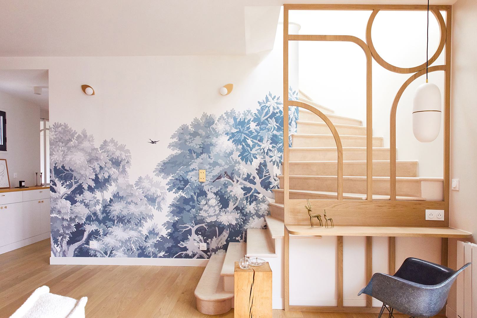 wooden banister in living room