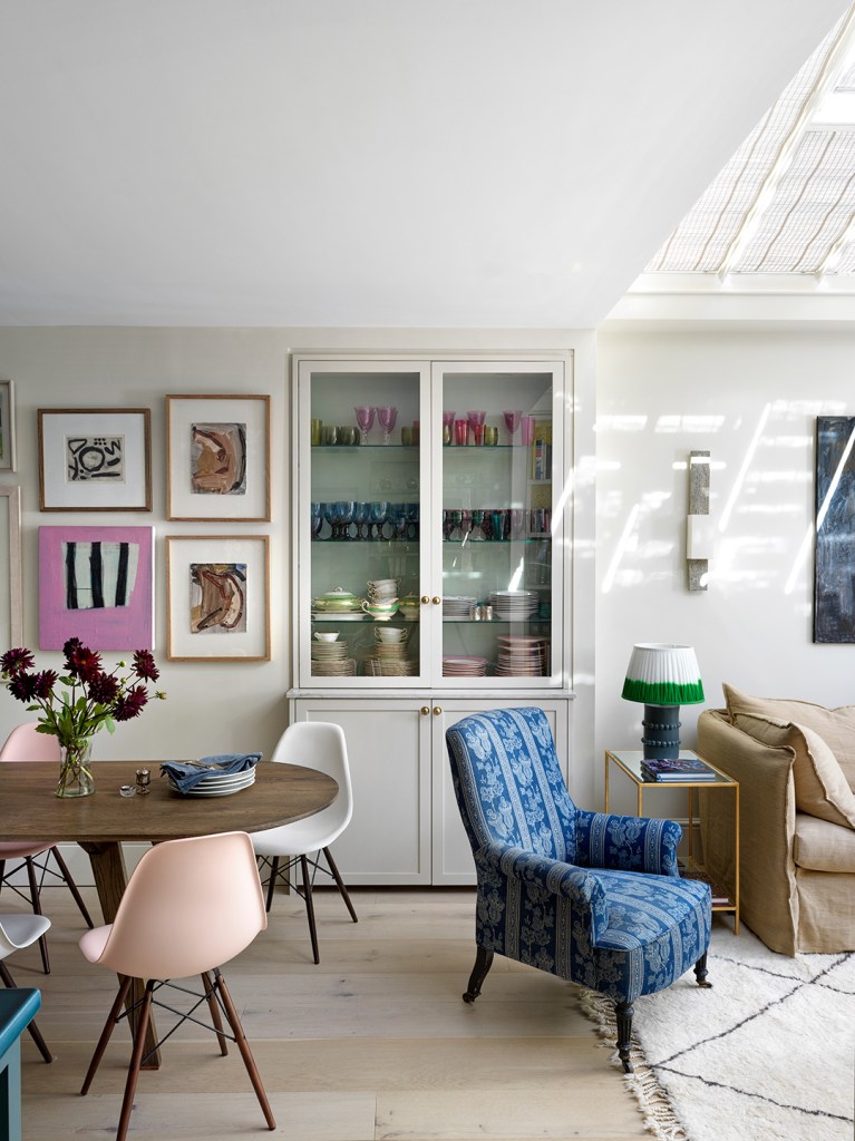 blue chair next to dining table