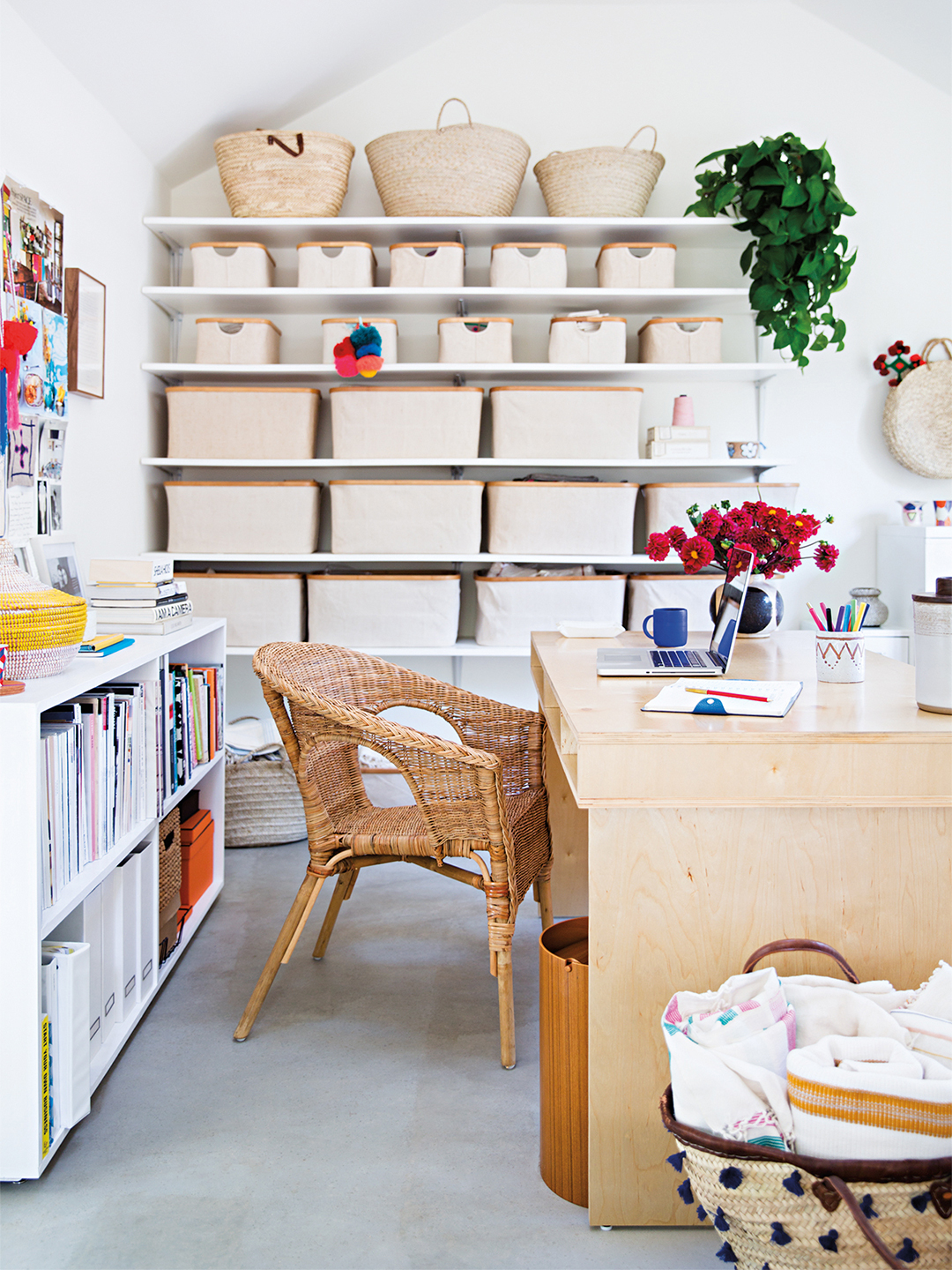 office with wall of organization bins