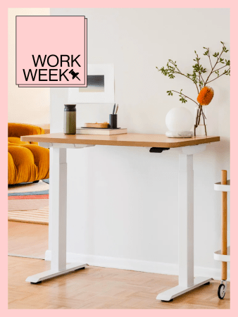 Branch Duo Standing Desk in white room with pink Work Week design border and treatment.