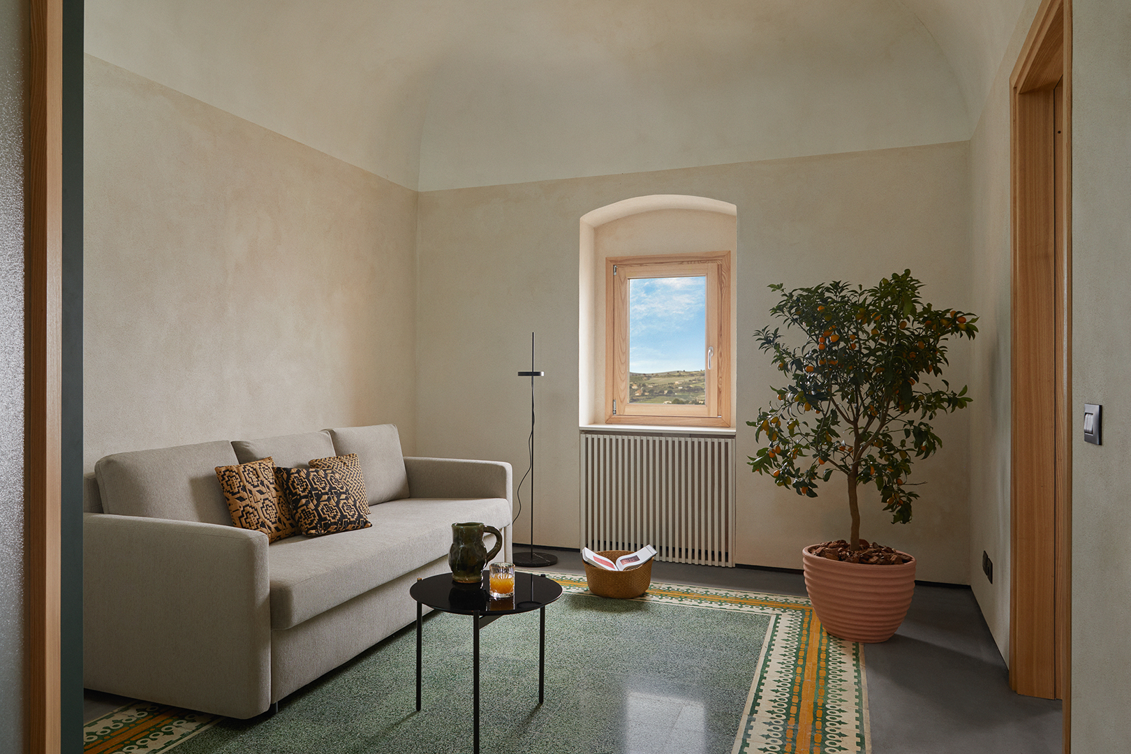 living room with tiled floors