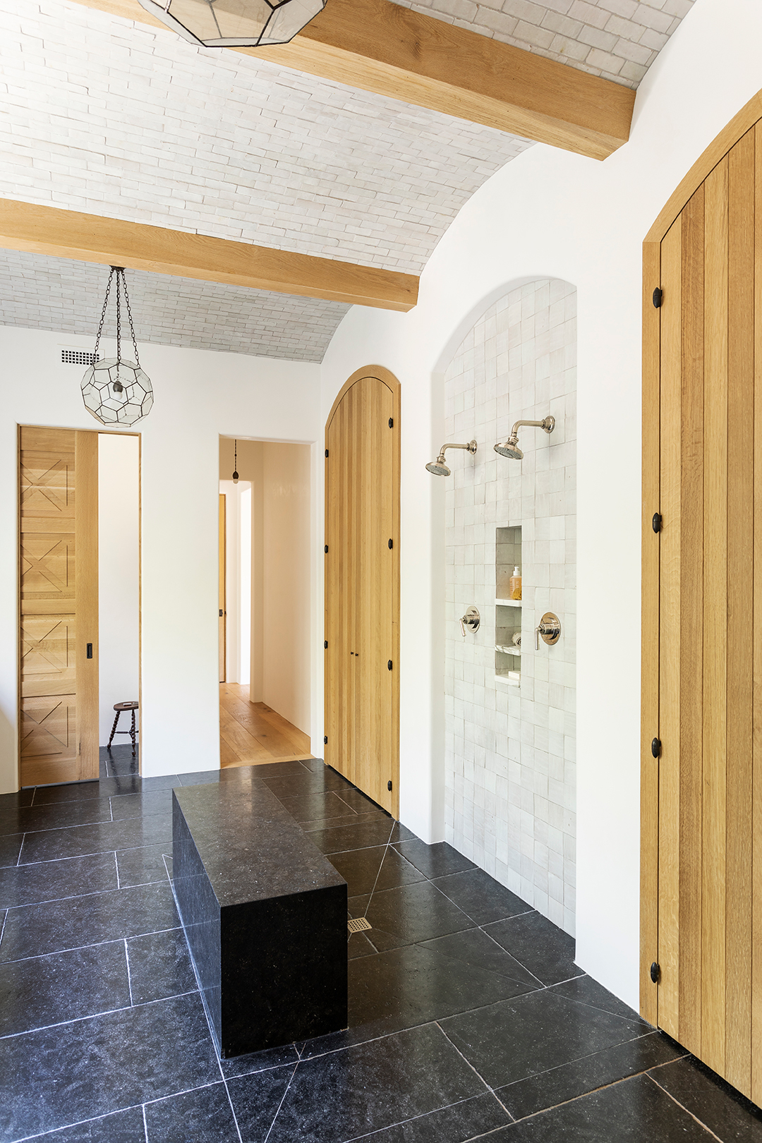 open wood shower bathroom