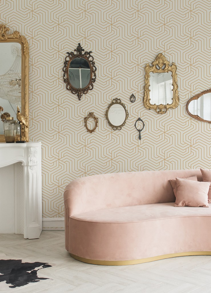 beige and gold geometric wallpaper by Rachel Zoe