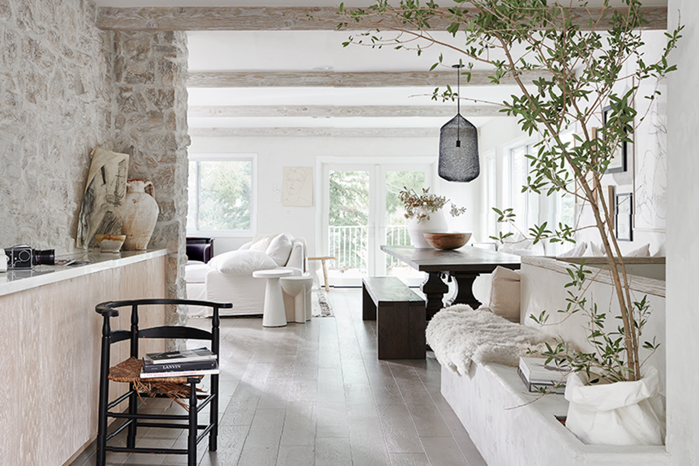 netural hallway with stone wall