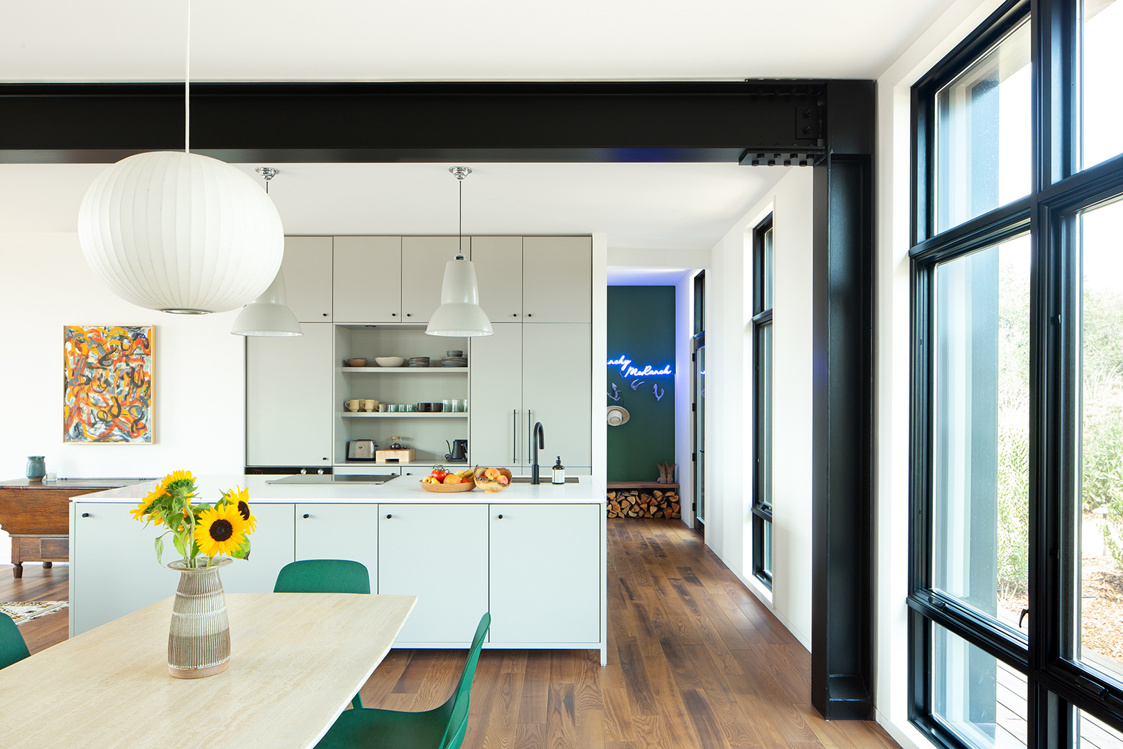 ranch dining room with white kitchen