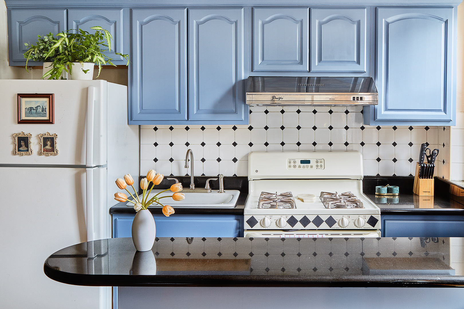 apartment kitchen with blue cabinets