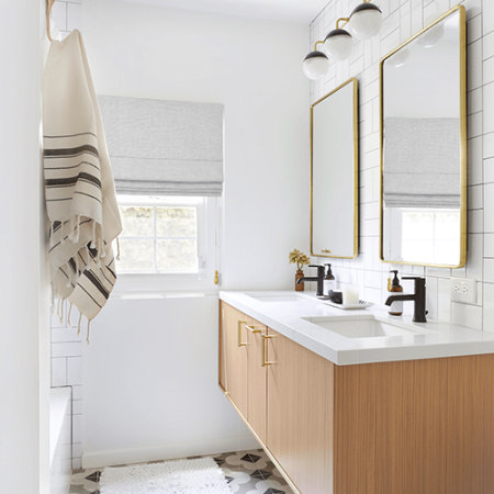  Everhem Roman Shades in Bathroom with Wood Vanity and Gold Mirros