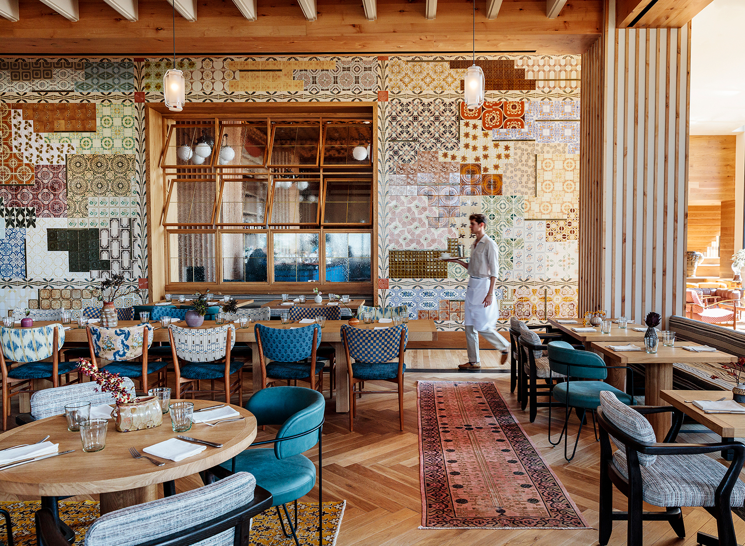 restaurant with tiled wall.