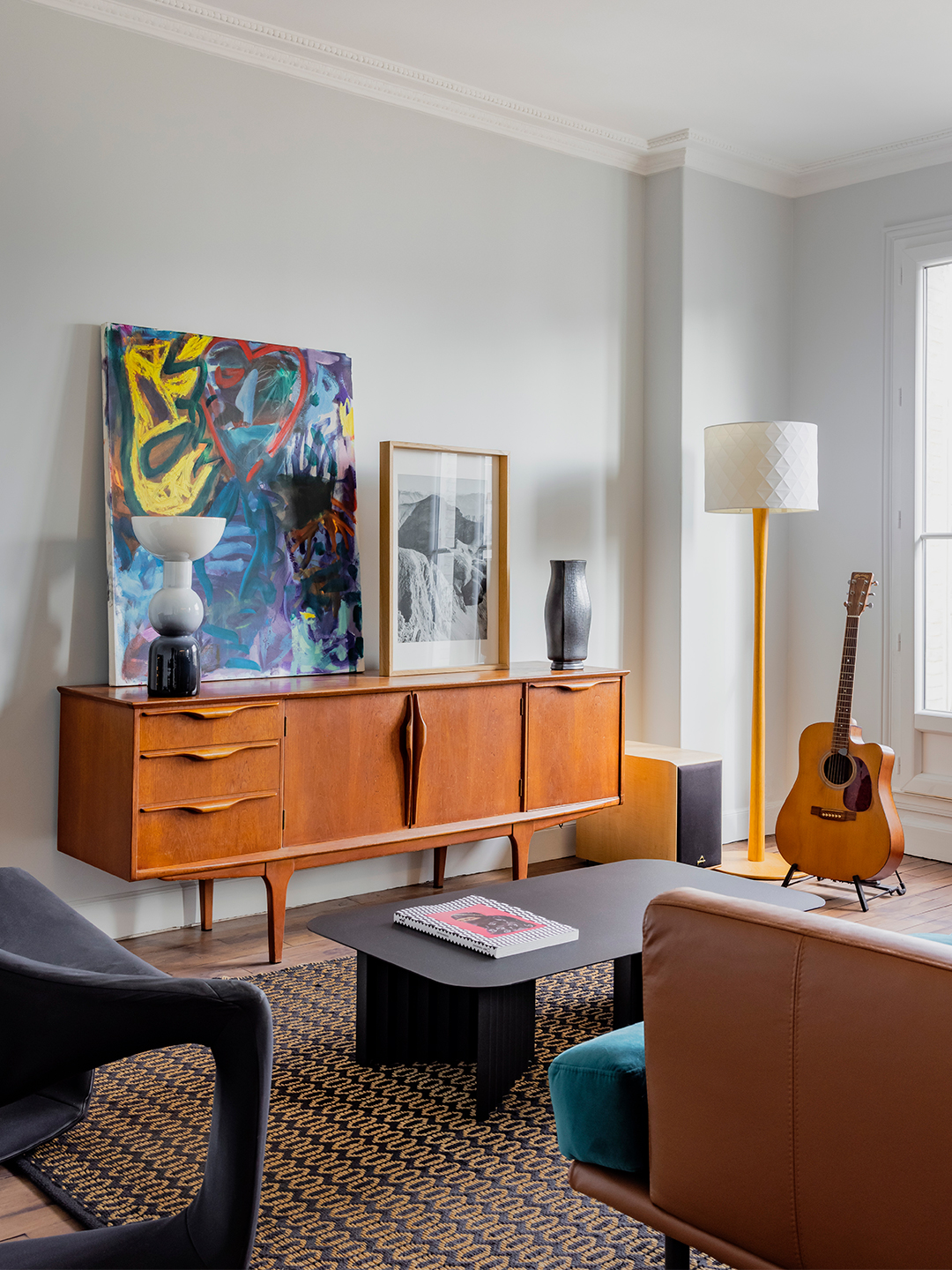 living room with midcentury console table