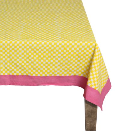  yellow check tablecloth with pink trim