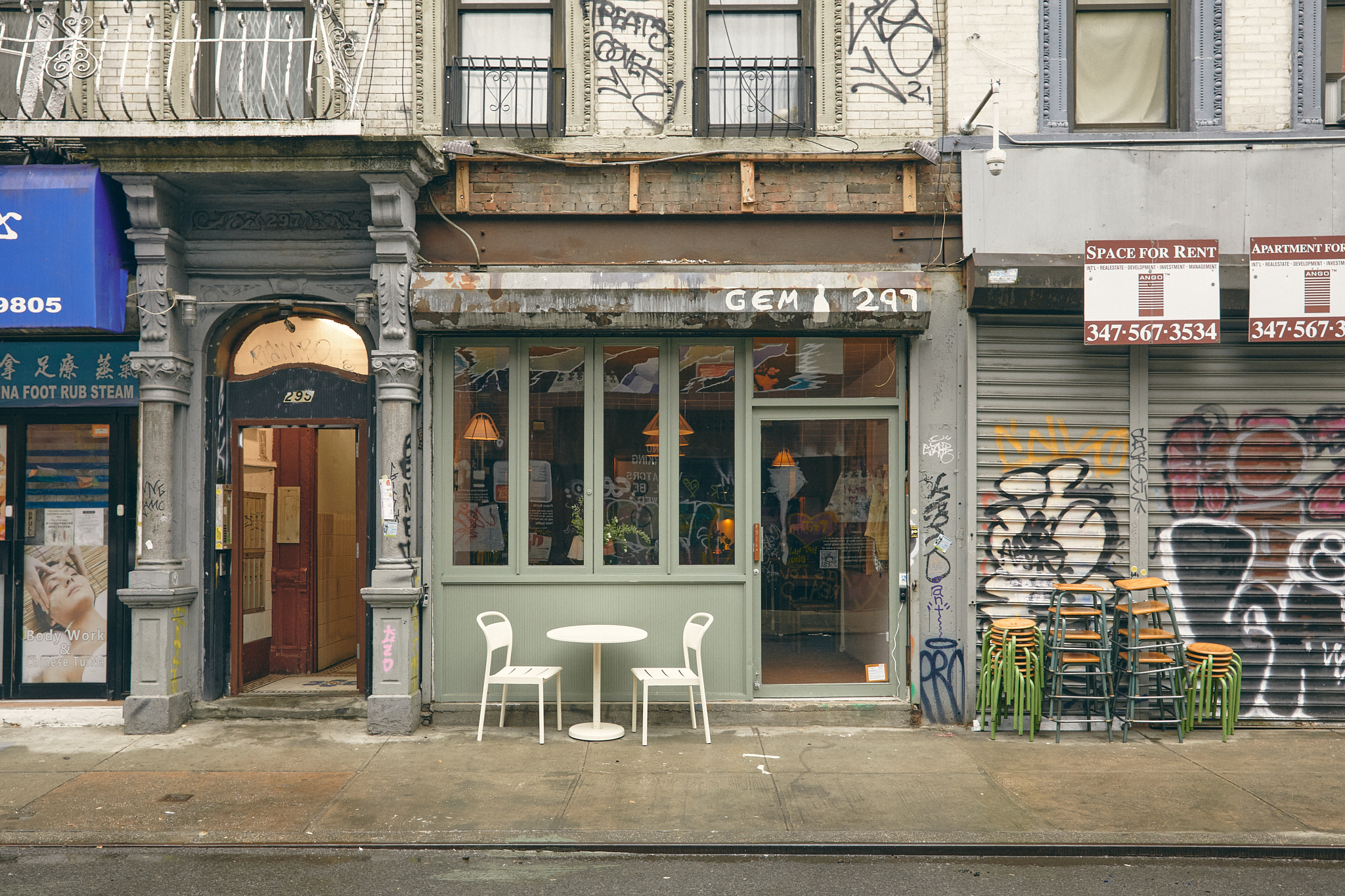 green exterior storefront