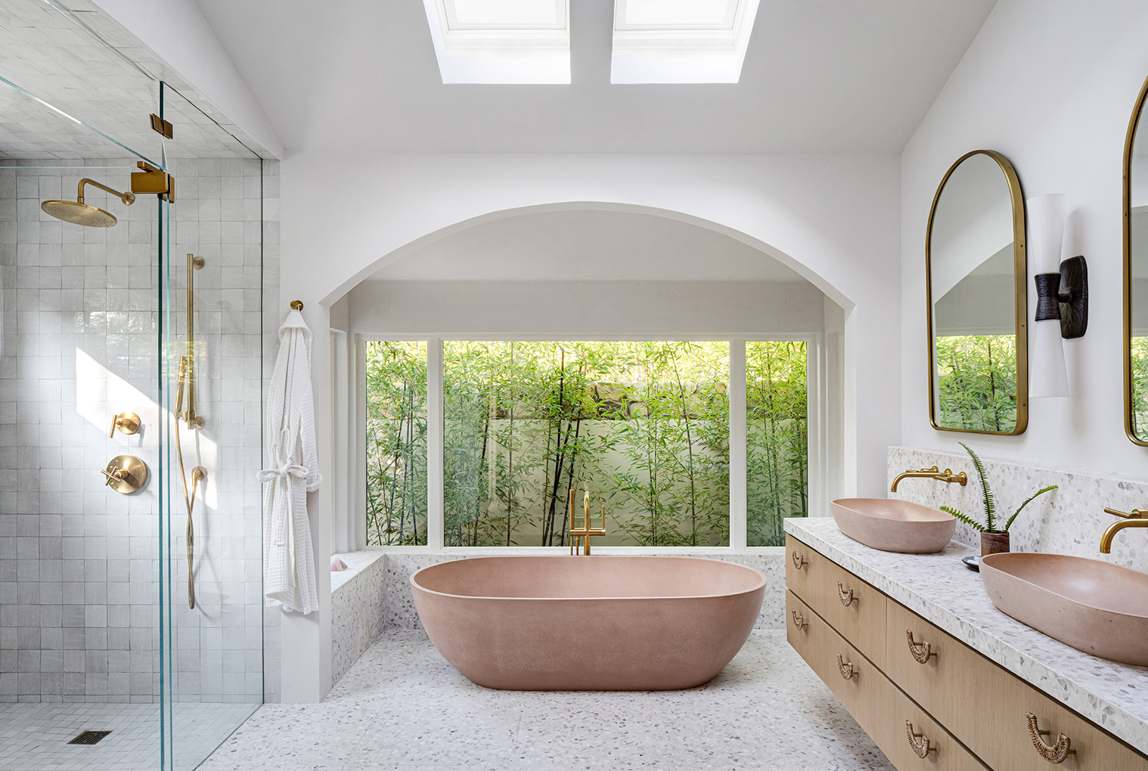 Bathroom with pink soaking tub