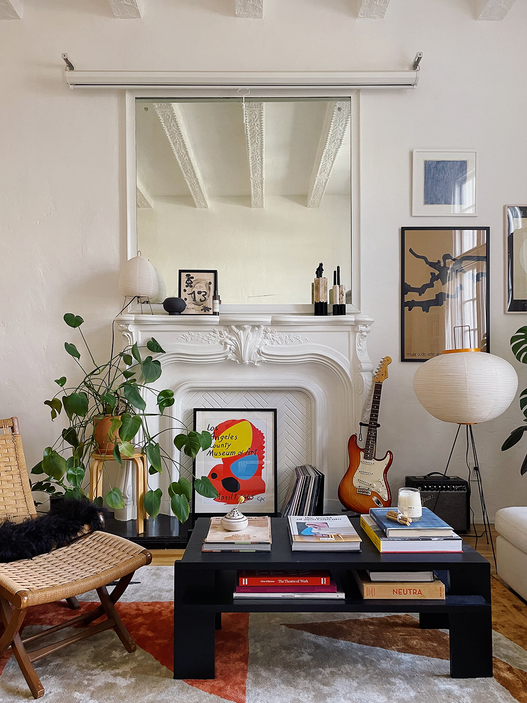 living room with art deco fireplace