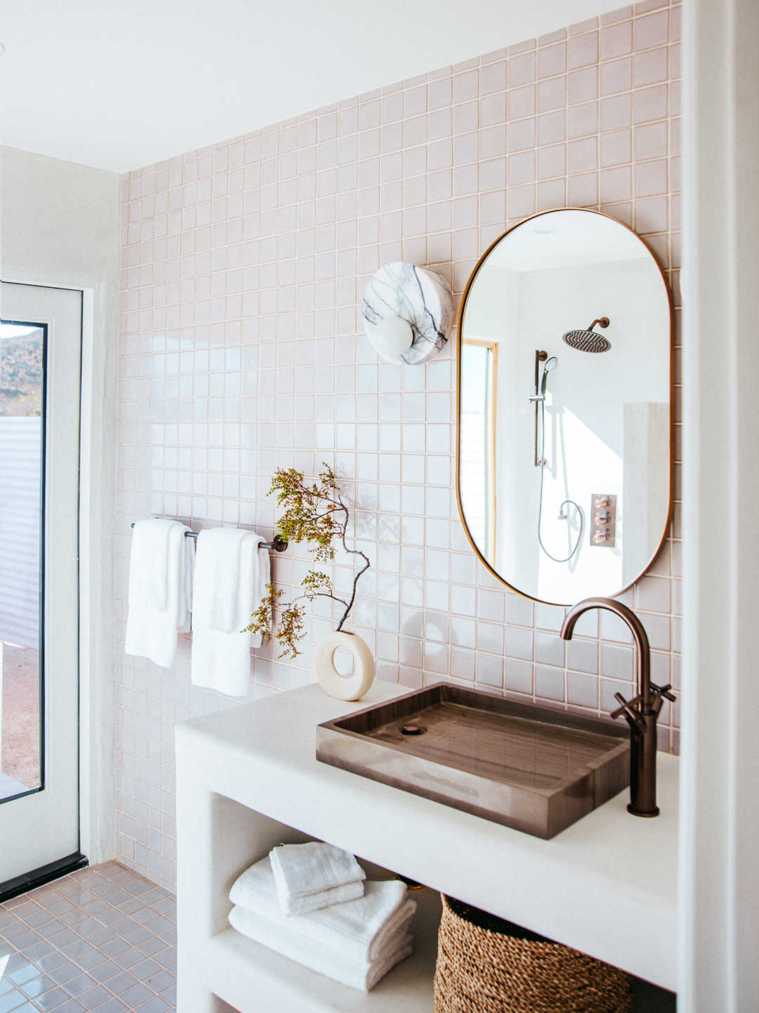 pink tiled bathroom vanity