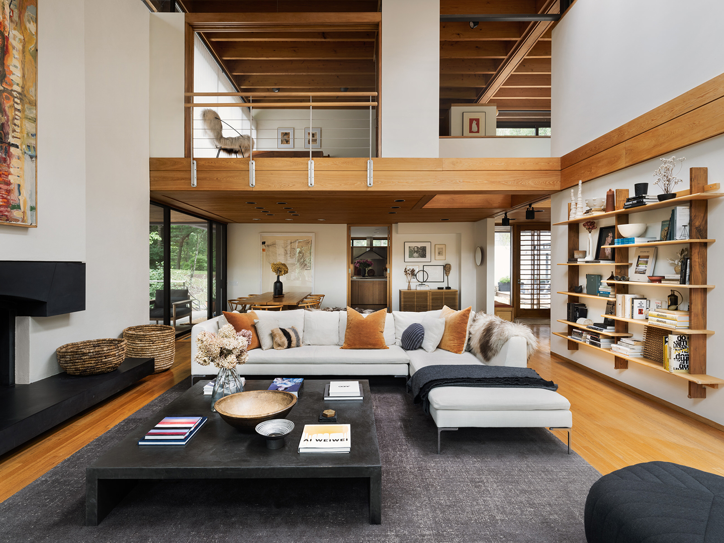 modern open two story living room