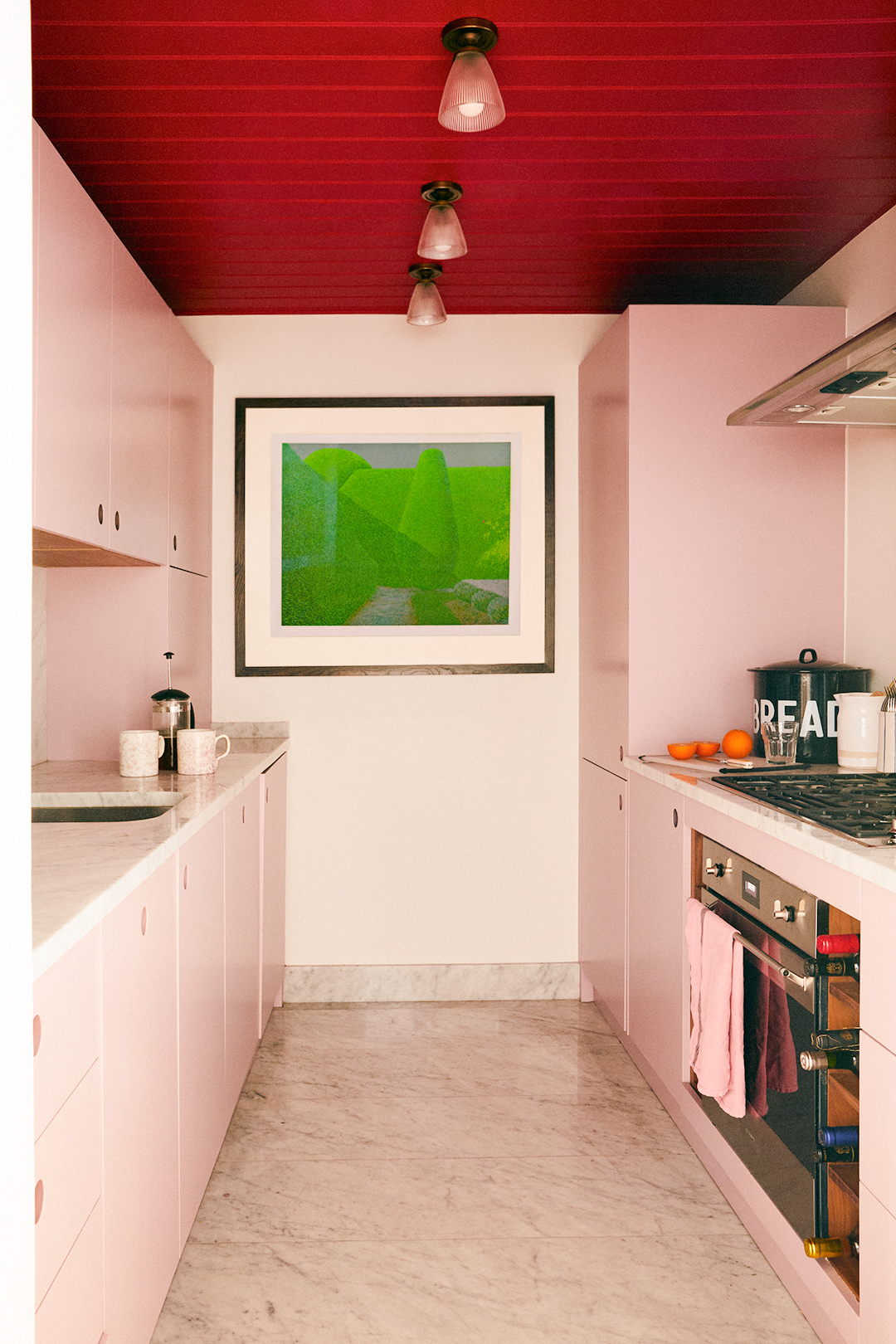 pink galley kitchen