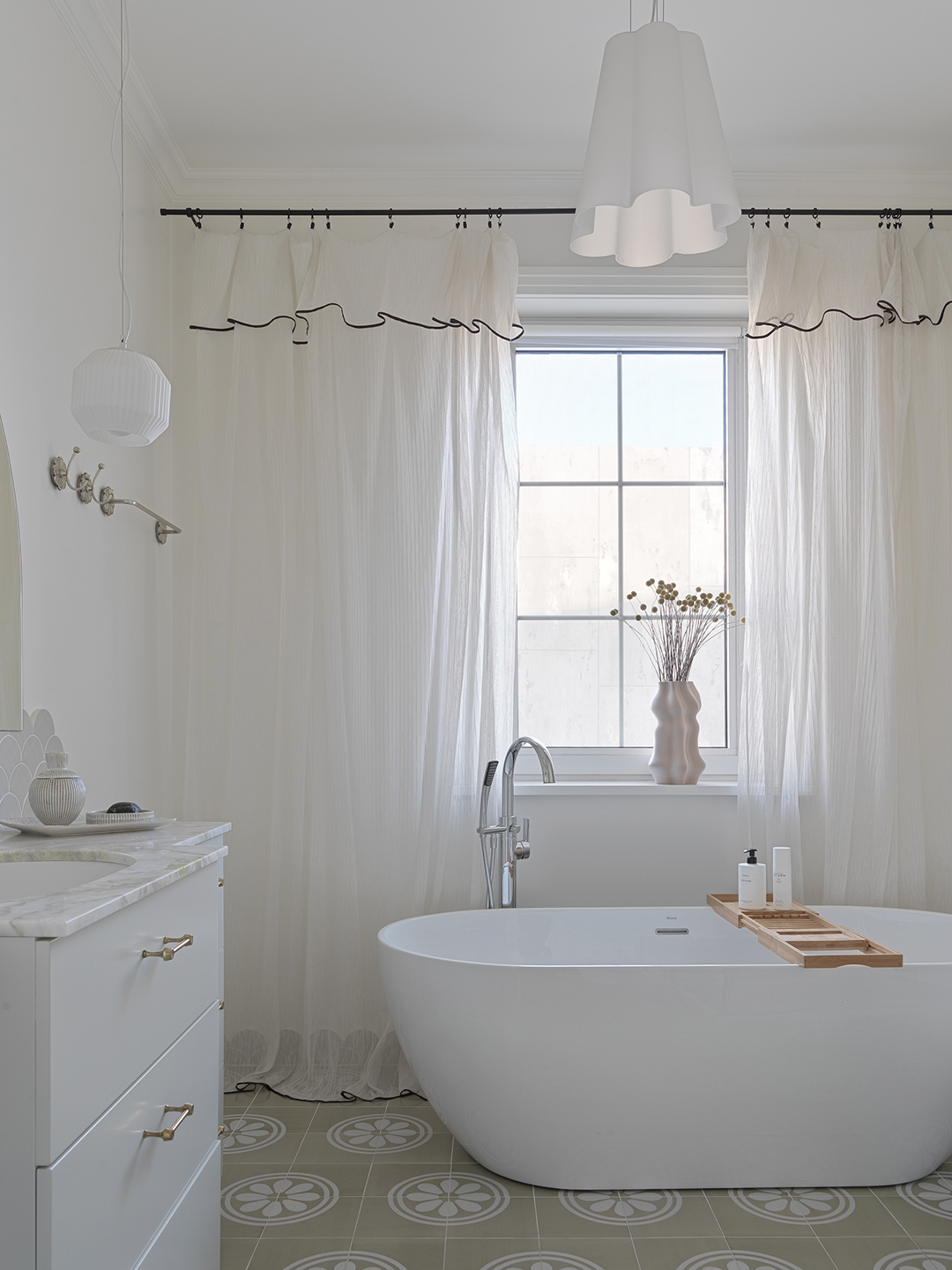 flowy white bathroom curtains