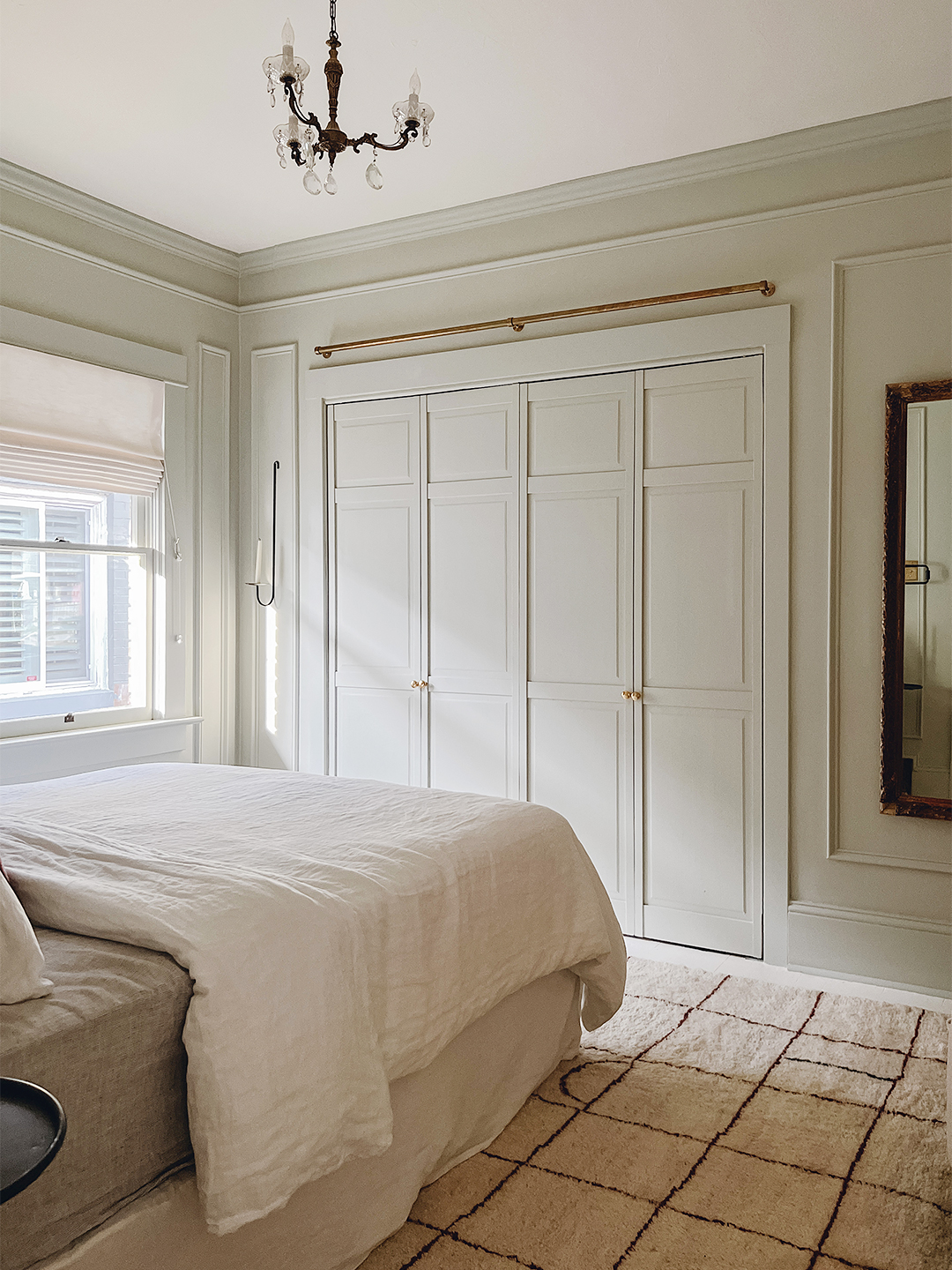 bedroom with gray-green walls