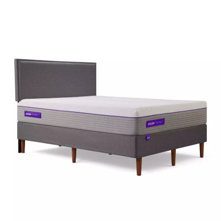  purple foam mattress on gray bed frame