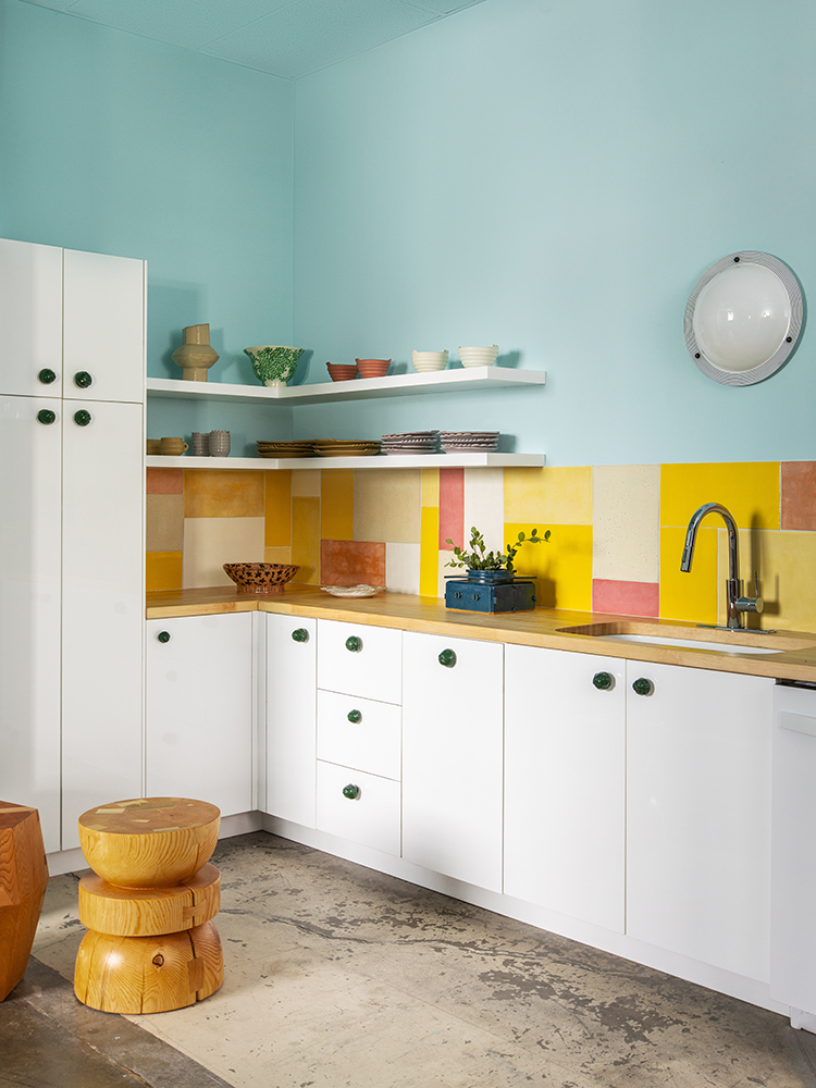 Office kitchen with blue walls