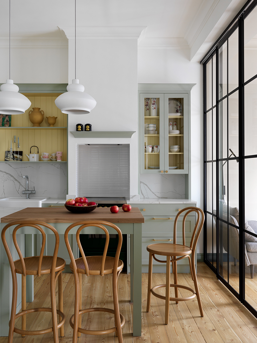 wood counter stools around island