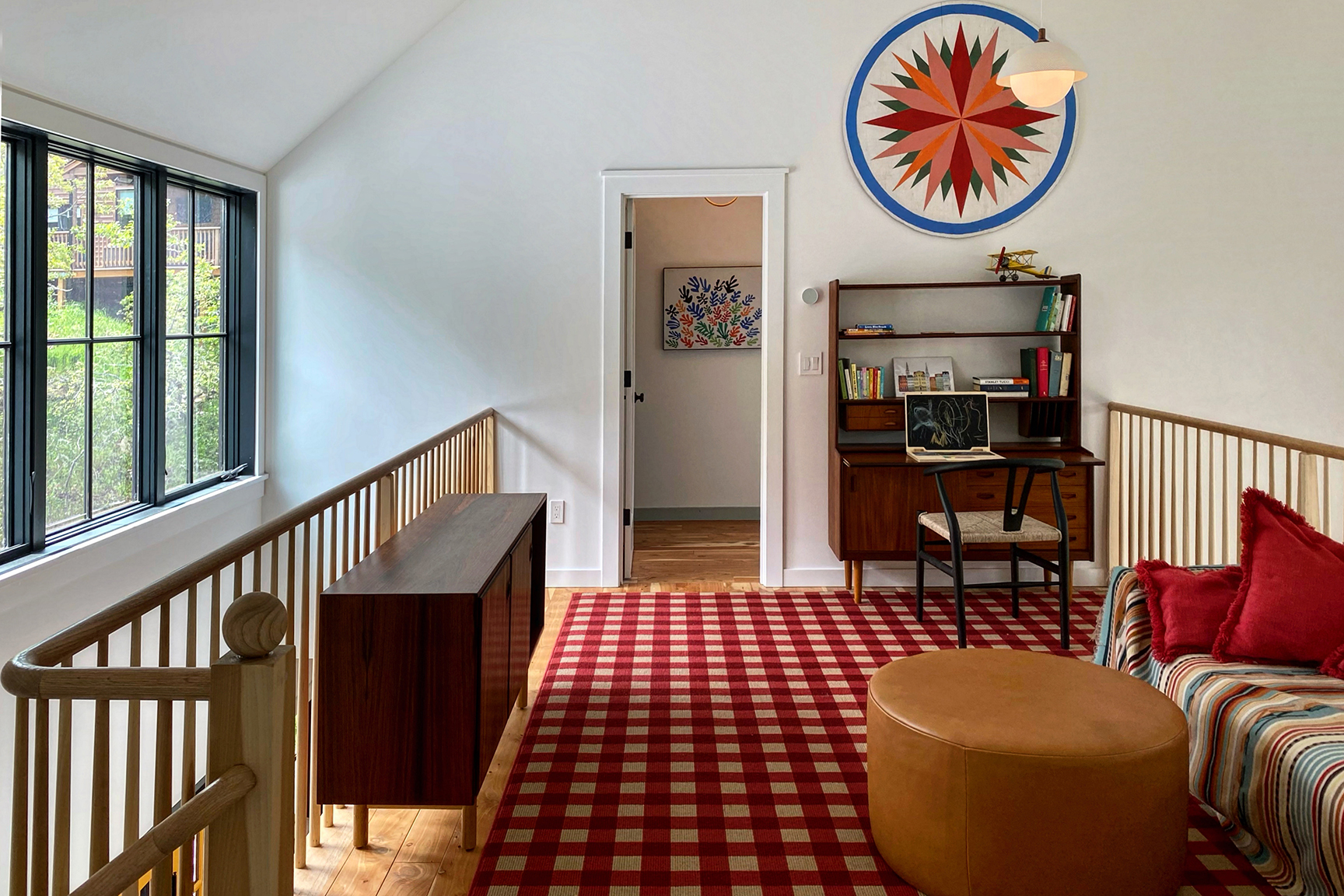 red rug in stair platform