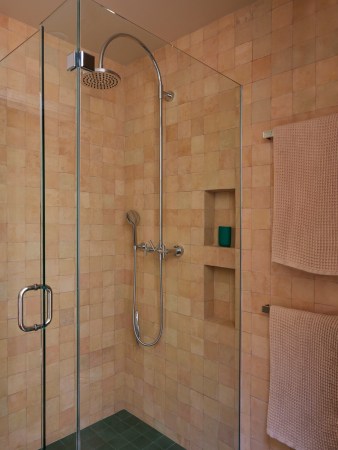 beige pink tiled shower