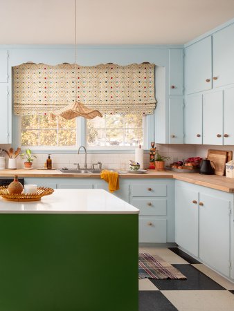 kitchen with blue cabinets