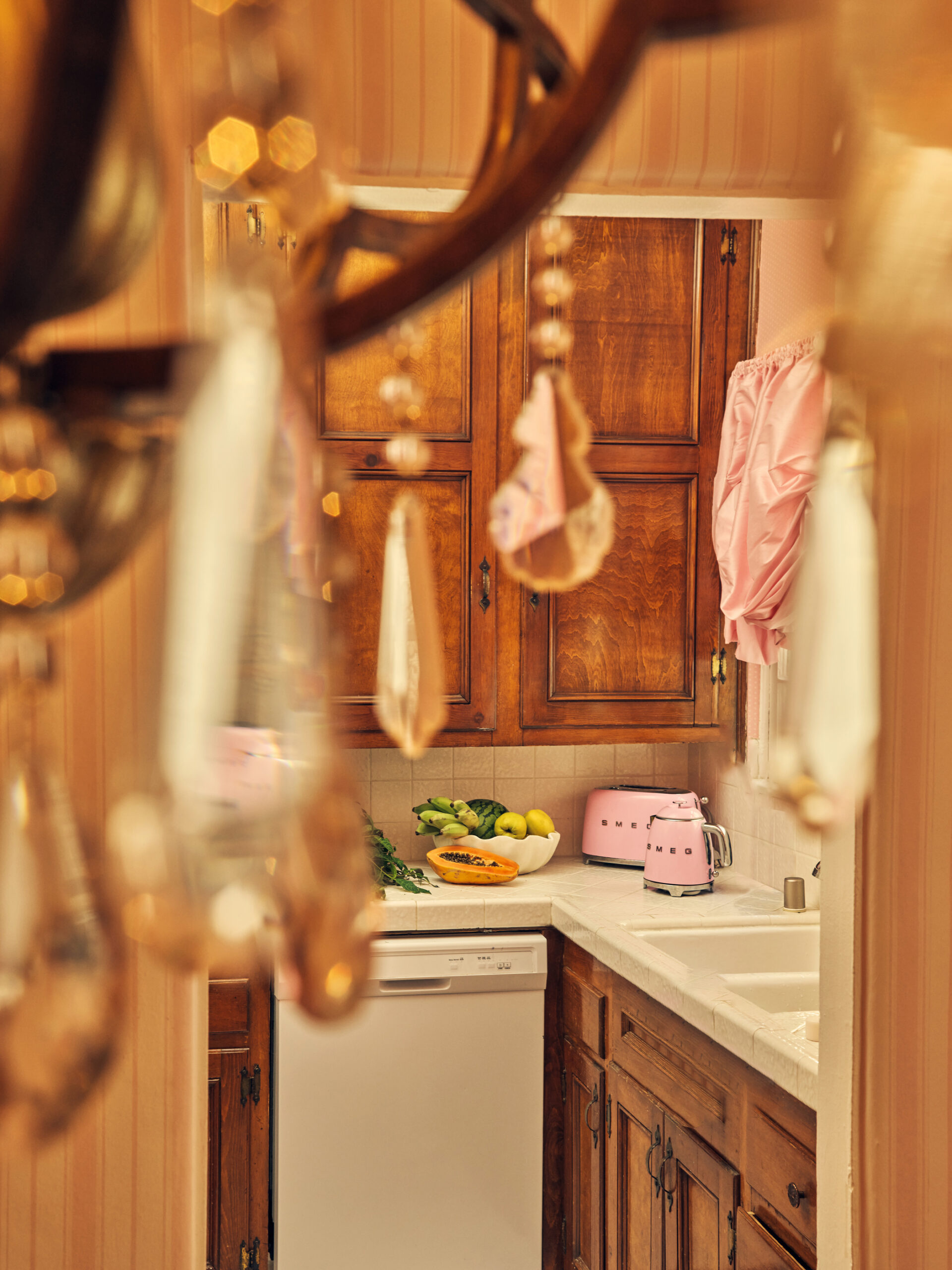 view into brown kitchen