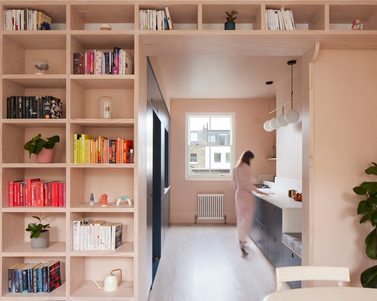 pink shelves around kitchen