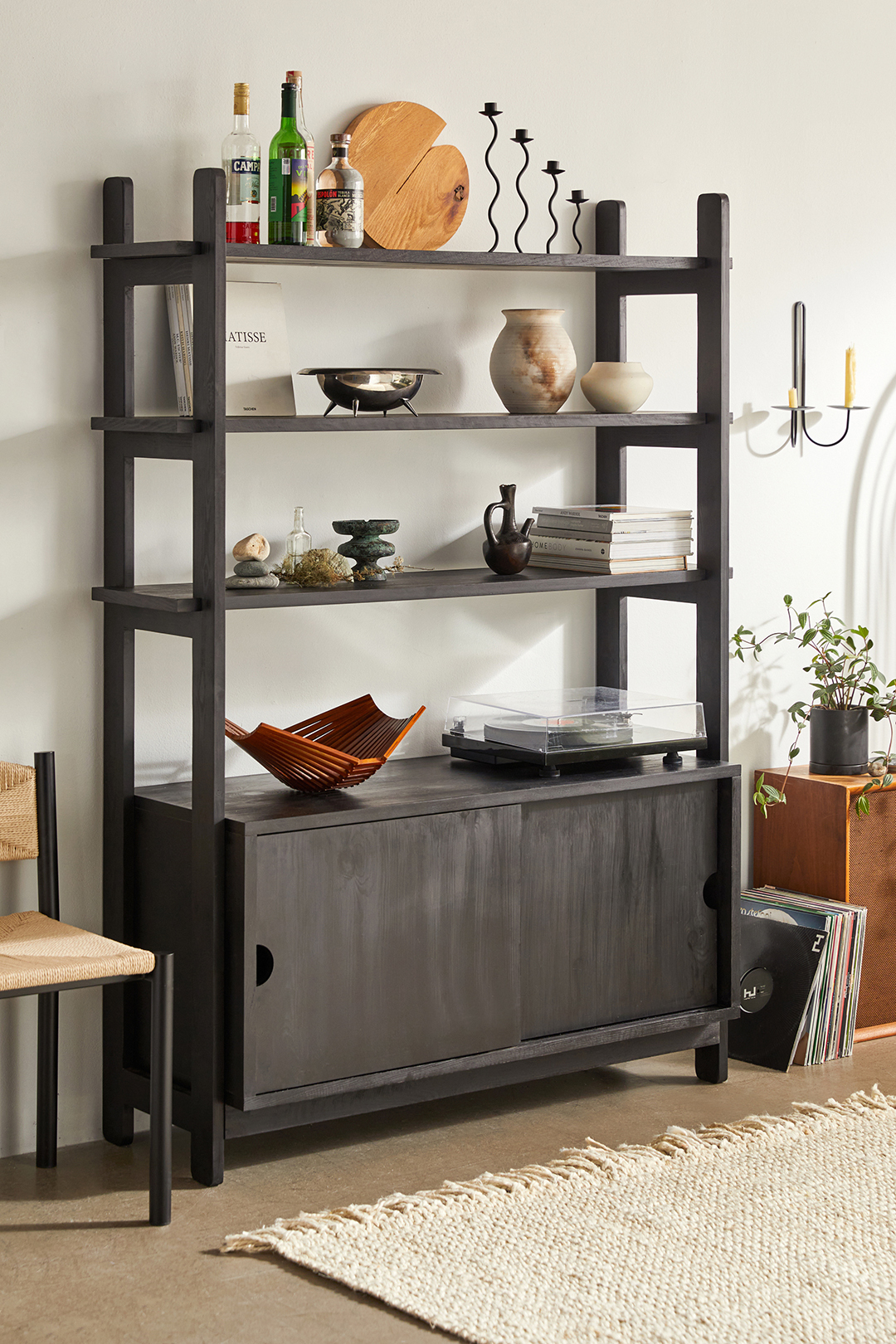 Black stained wood hutch with open shelves