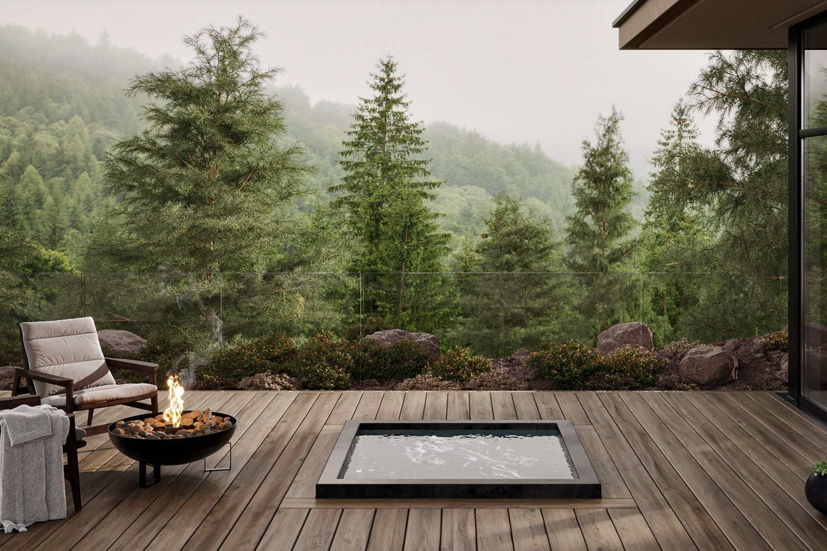 pool on a deck near forest