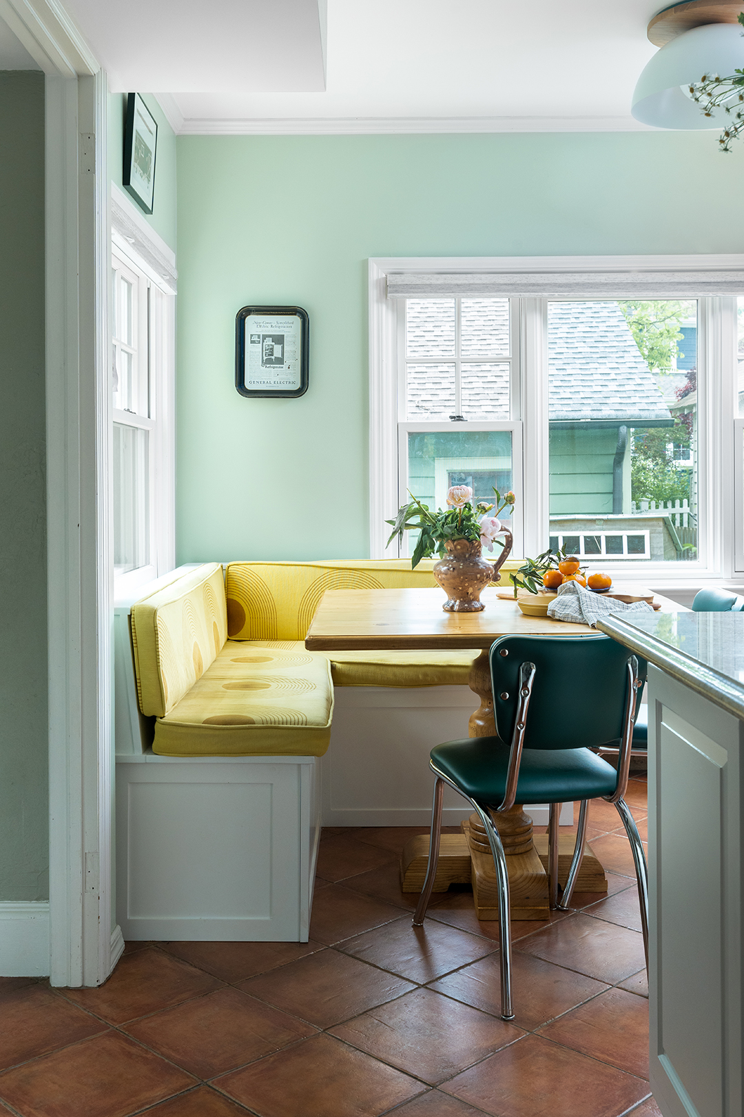 yellow block-printed breakfast banquette