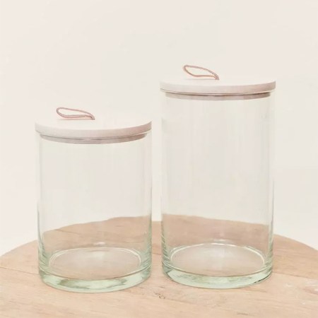  Glass Canisters by Jenni Kayne with wood and leather lids