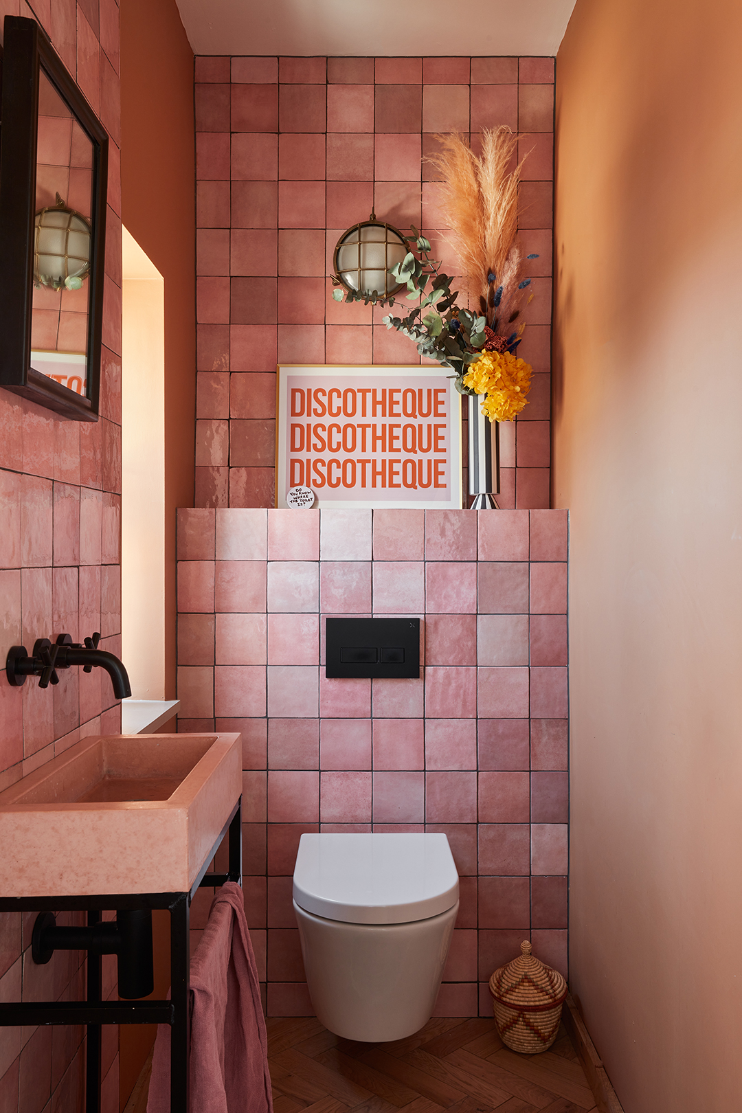 pink tiled powder room