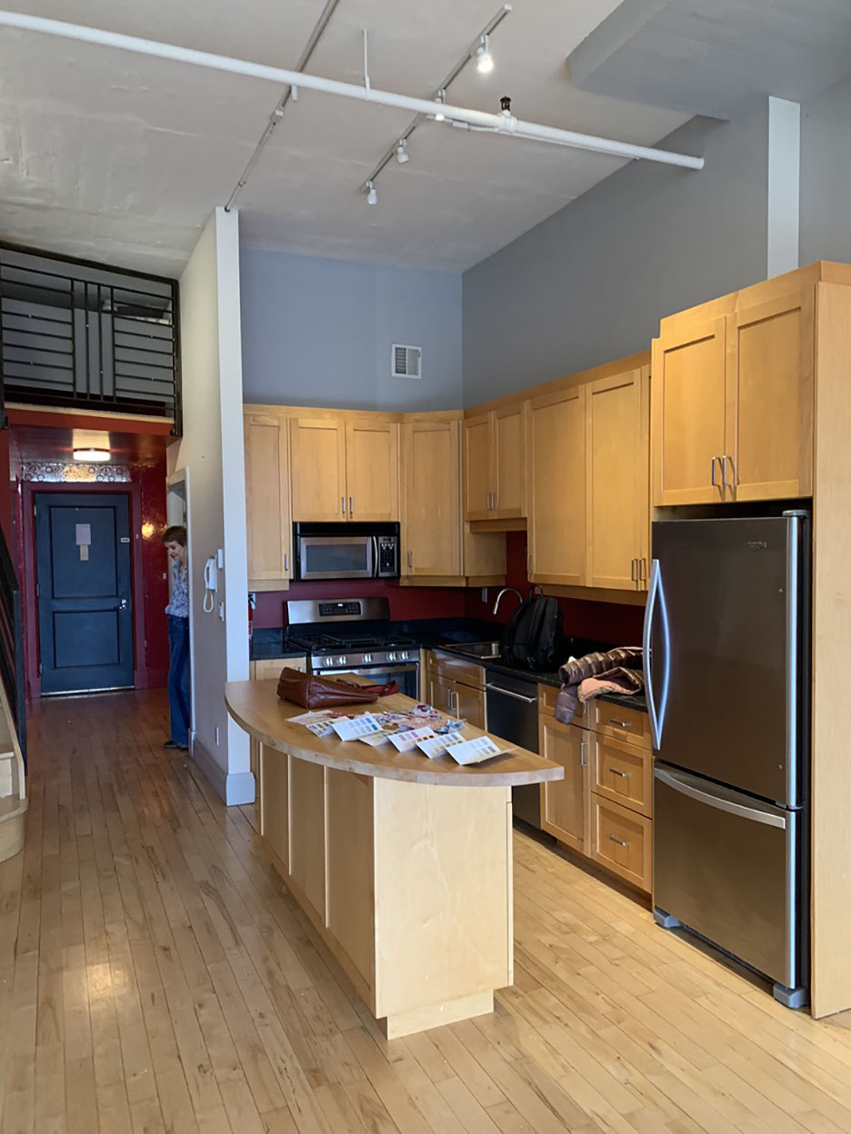 brooklyn loft with dated wood kitchen