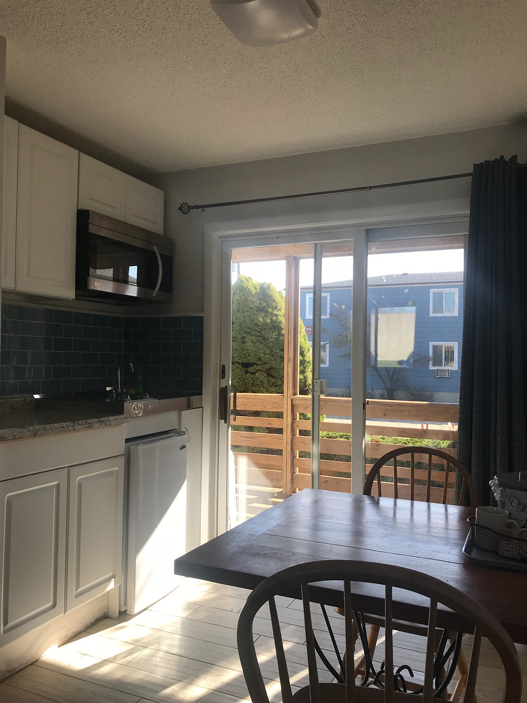 Dark kitchen with patio