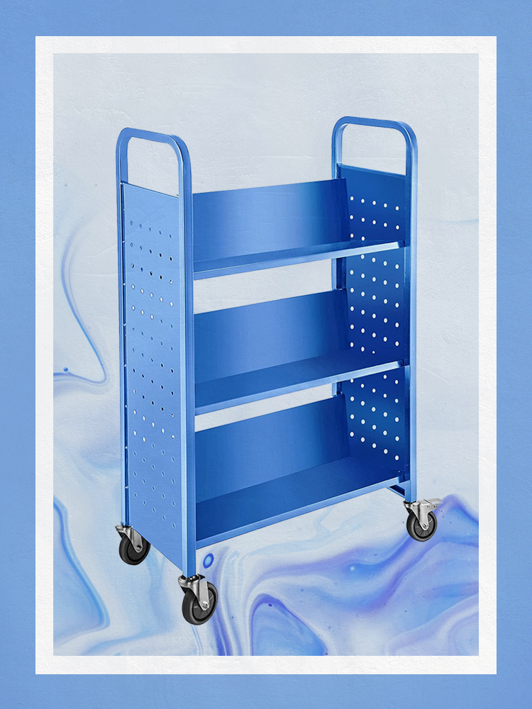 Blue Metal Rolling Storage Cart on Designed Background