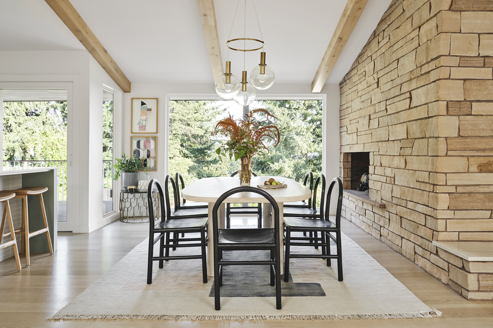 stone fireplace in dining room