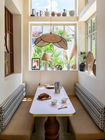 woven light over dining area