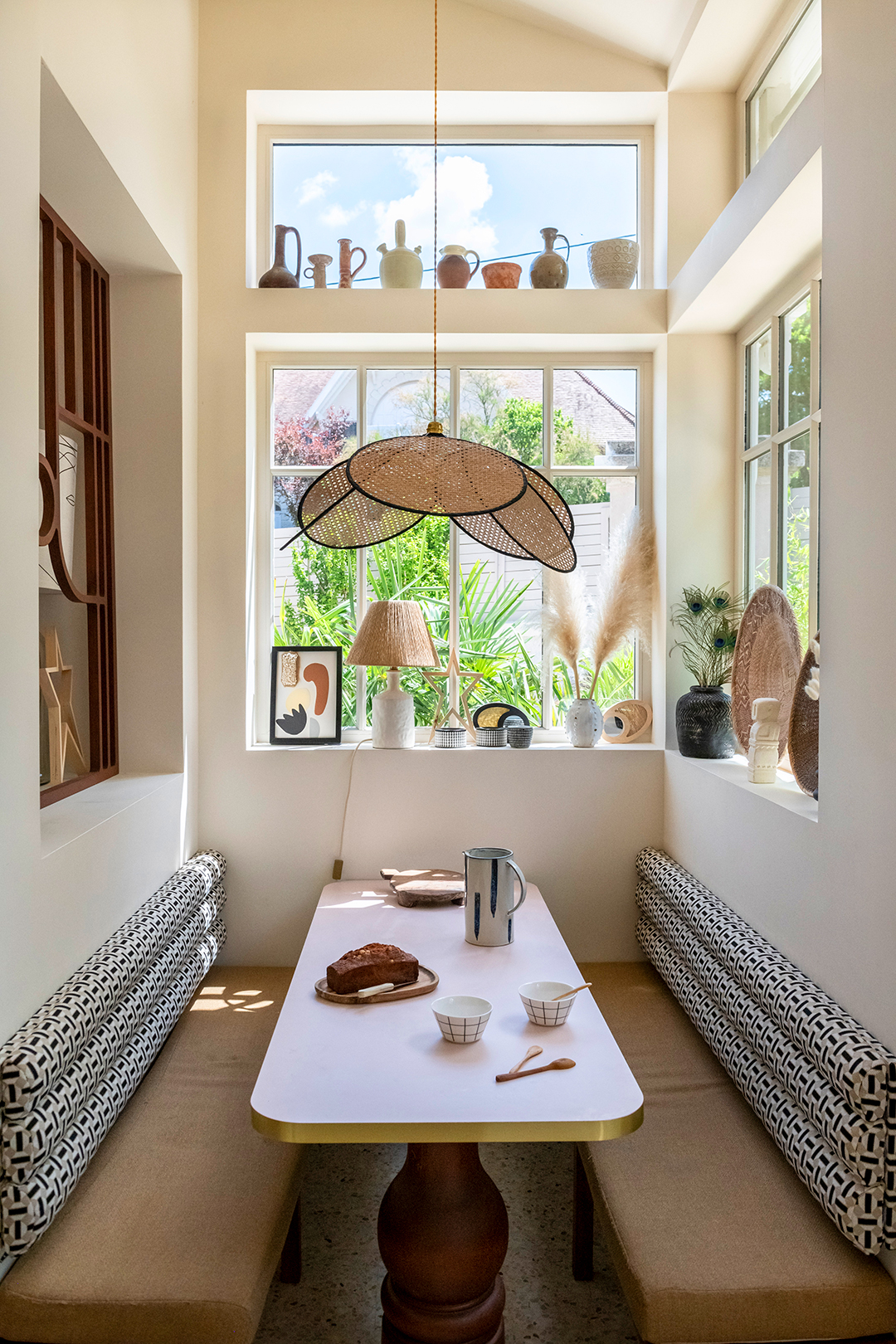 woven light over dining area