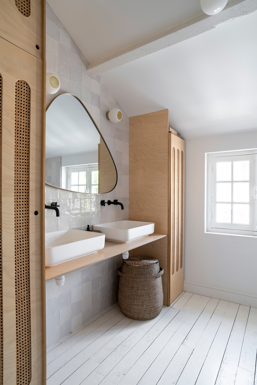 oak wood cane cabinets in bathroom