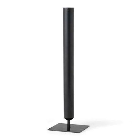  Long thin black vase against a white background.