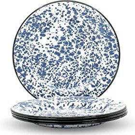  Stacked blue and white splatter enamel plates against a white background.