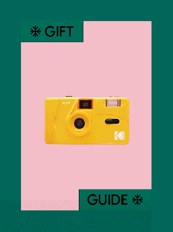 White Elephant Gif of Kodak camera, Baggu pouches, and Fleur Marche sample packs in four