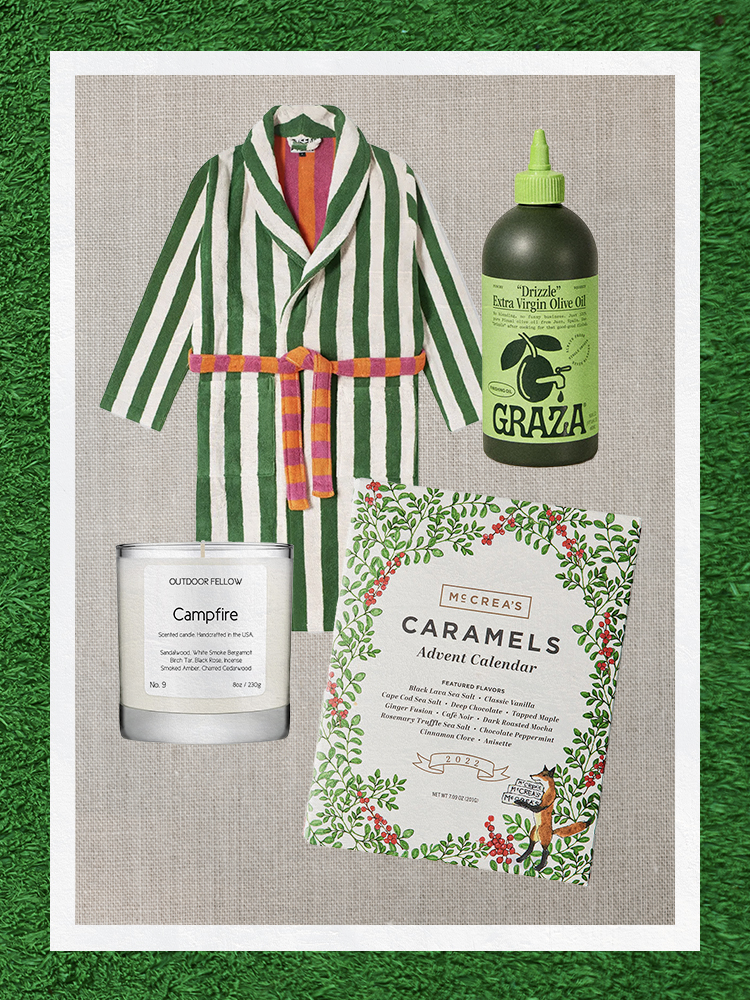 Collage of Dusen Dusen striped robe, candle, olive oil, and advent calendar