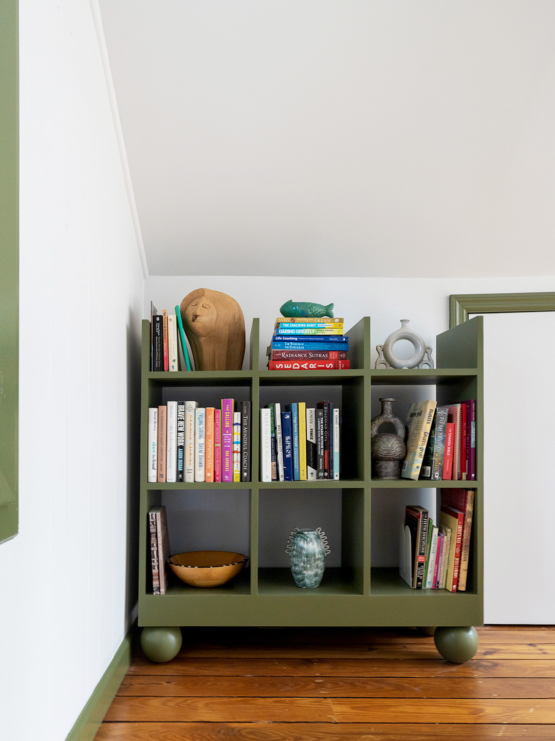 green bookshelf