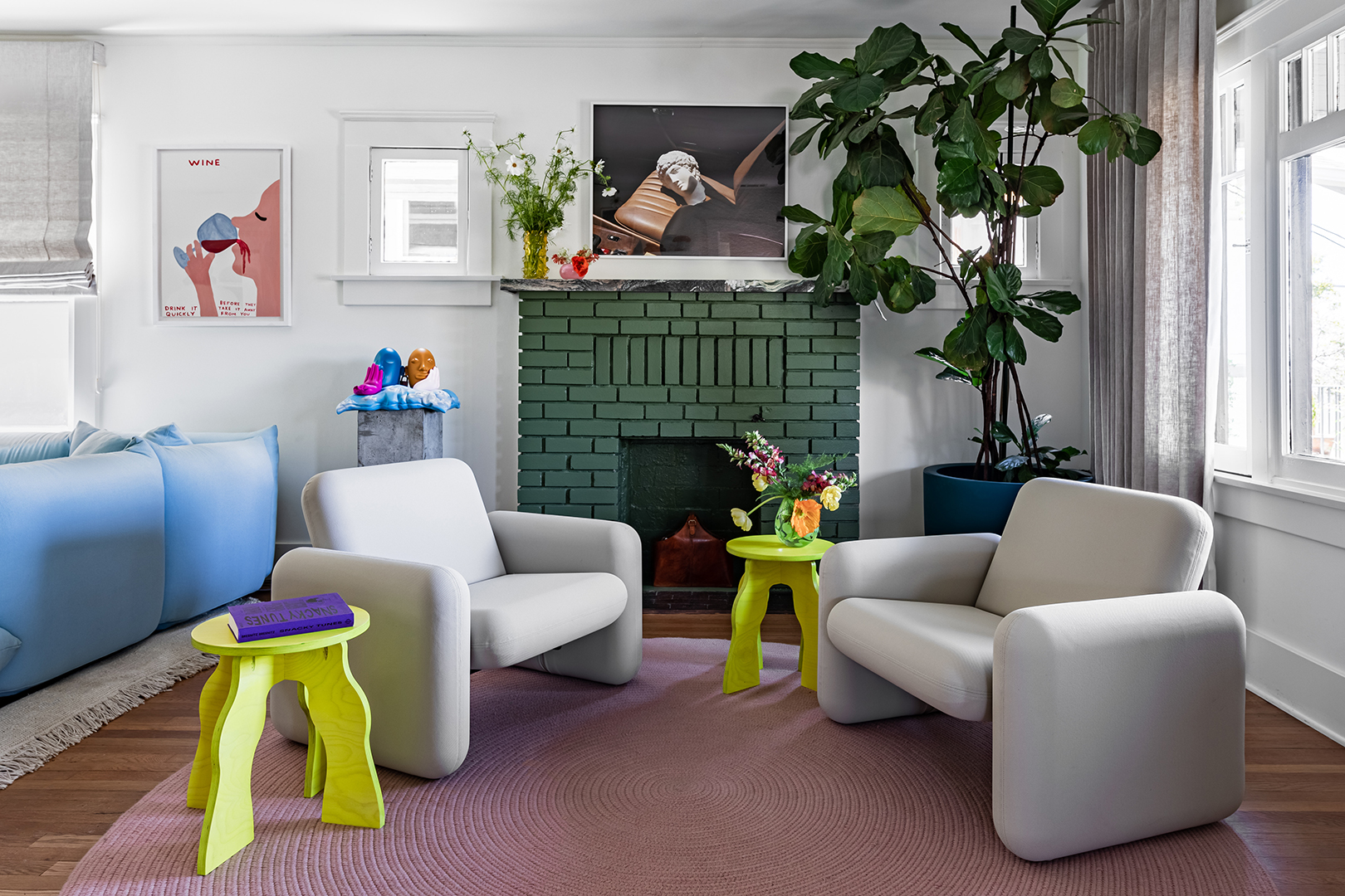 Living room with green fireplace