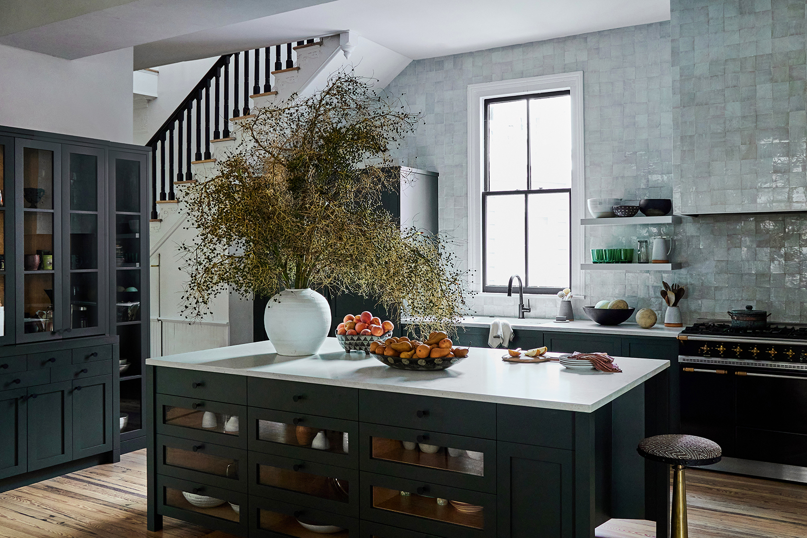 dark green kitchen with island